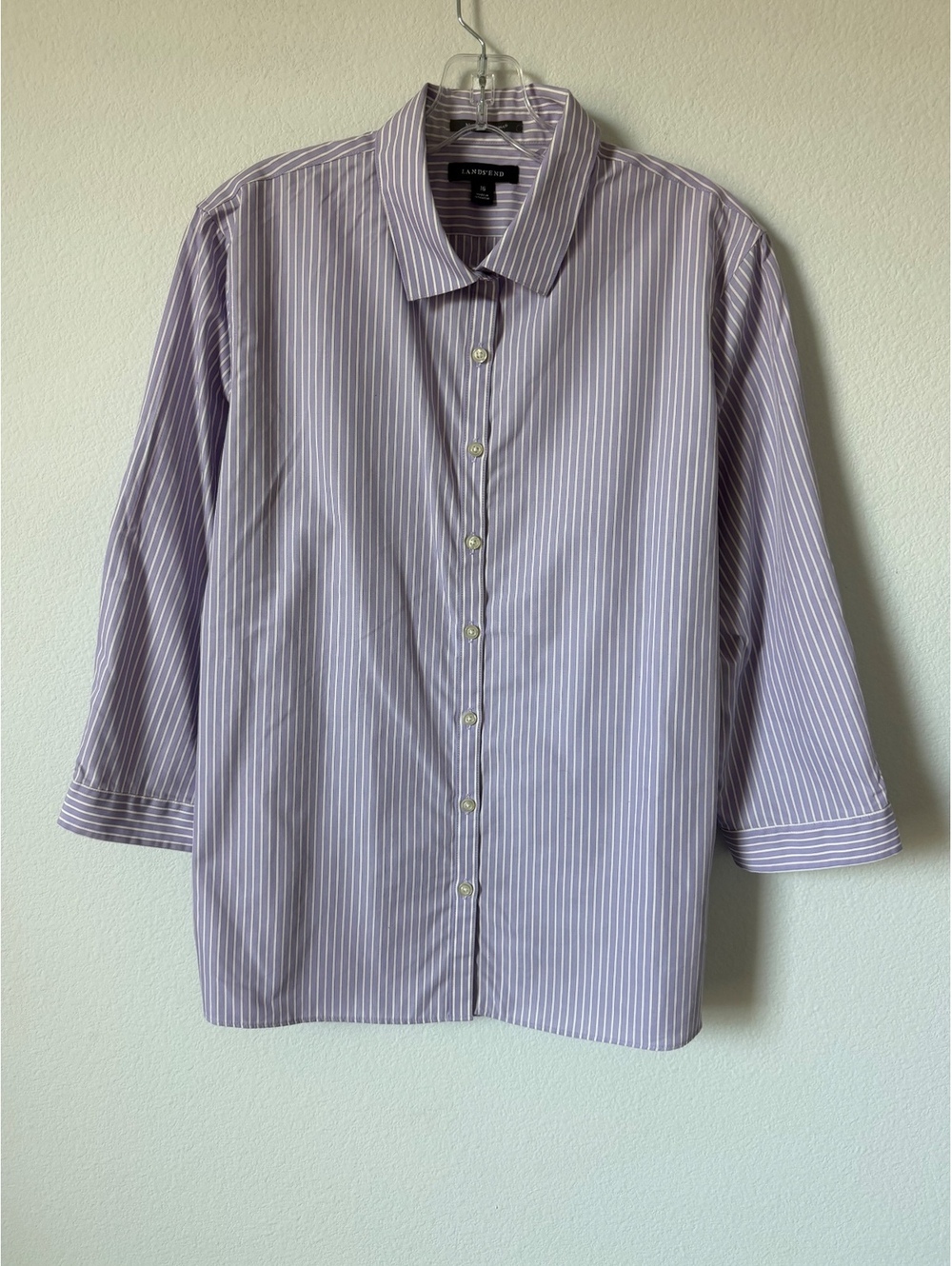 Lands’ End Purple/White Striped Button Up No Iron Supima Shirt Women's Size 16